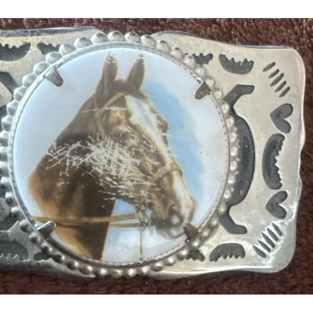 Cabochon Horse Silver Tone Alloy Belt Buckle Black Etchings Western Rodeo